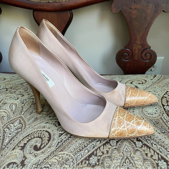 Prada Satin Blush Pink Snake Skin Toe Raso Heels Cocco Cammeo Cipria Size 7 COA - Picture 1 of 15